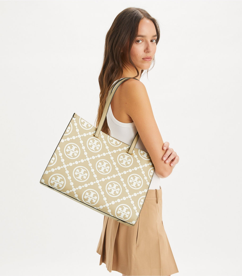 T Monogram Contrast Embossed Tote