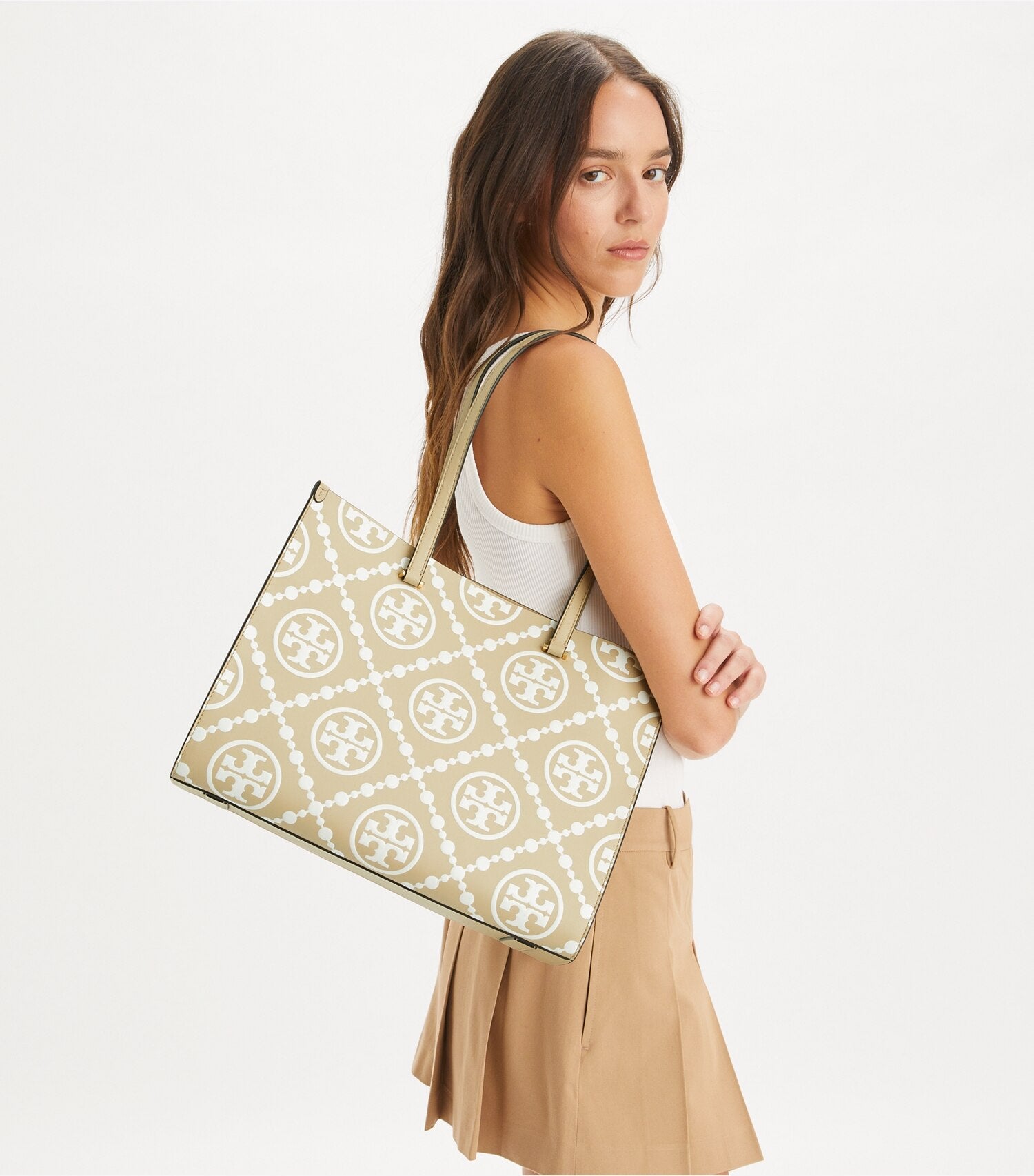 T Monogram Contrast Embossed Tote