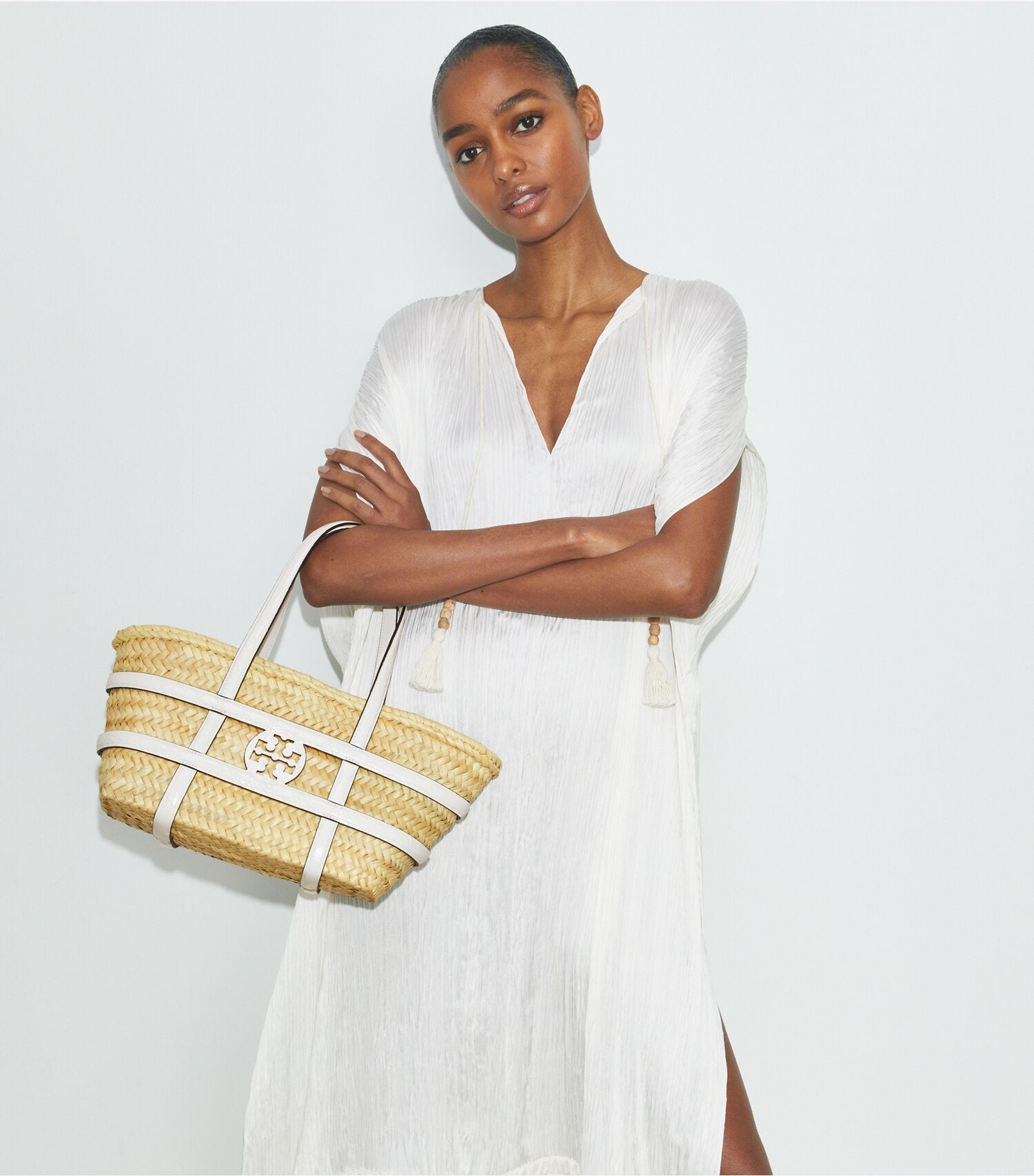 Small Ella Croc-Embossed Straw Basket