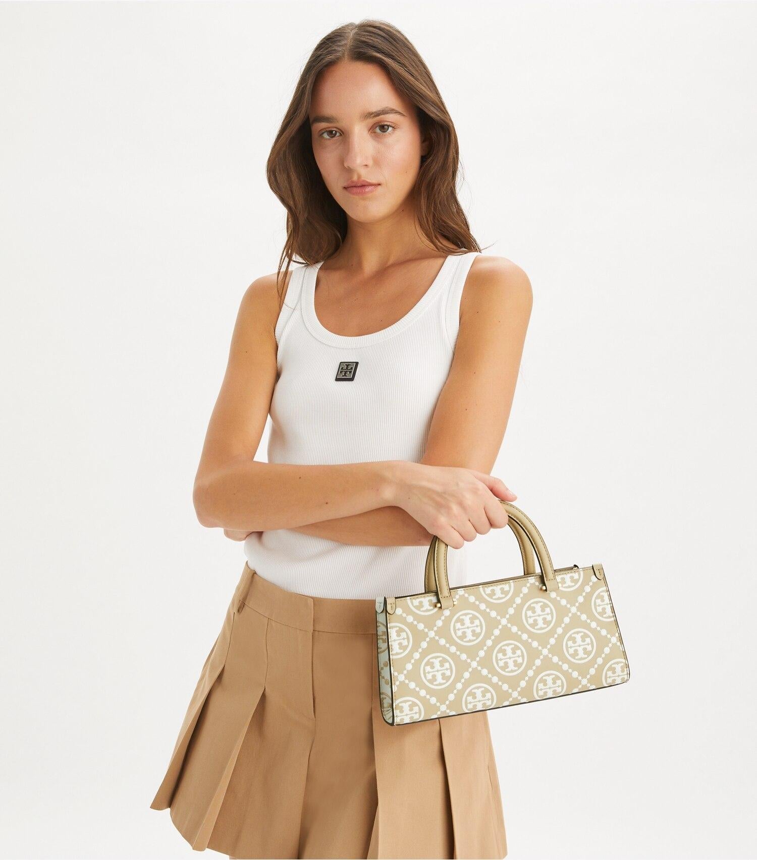 T Monogram Contrast Embossed Small East-West Tote